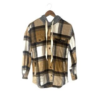 NEW JODIFL Shacket Coat Sweatshirt Hoodie Fall Tan Cream Warm Plaid Size Small
